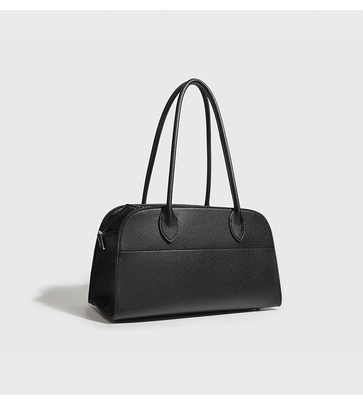 Large structured pebbled leather-look tote bag with double top handles and silver-tone hardware, detail view 15