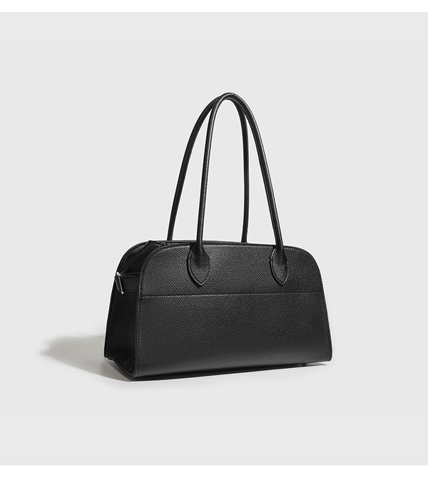 Large structured pebbled leather-look tote bag with double top handles and silver-tone hardware, detail view 15