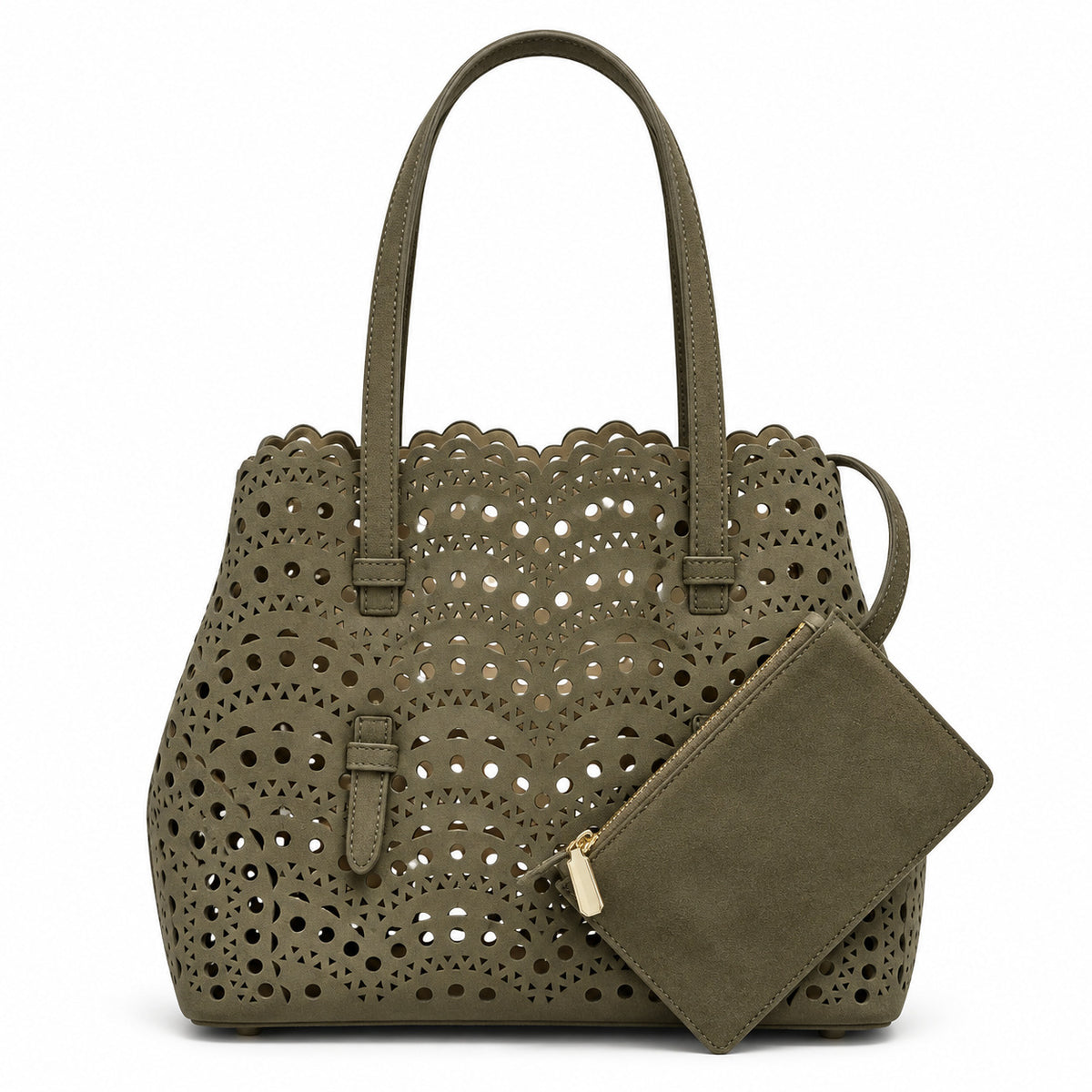 Structured scalloped perforated tote bag with matte suede-look finish and detachable zip pouch, detail view 8