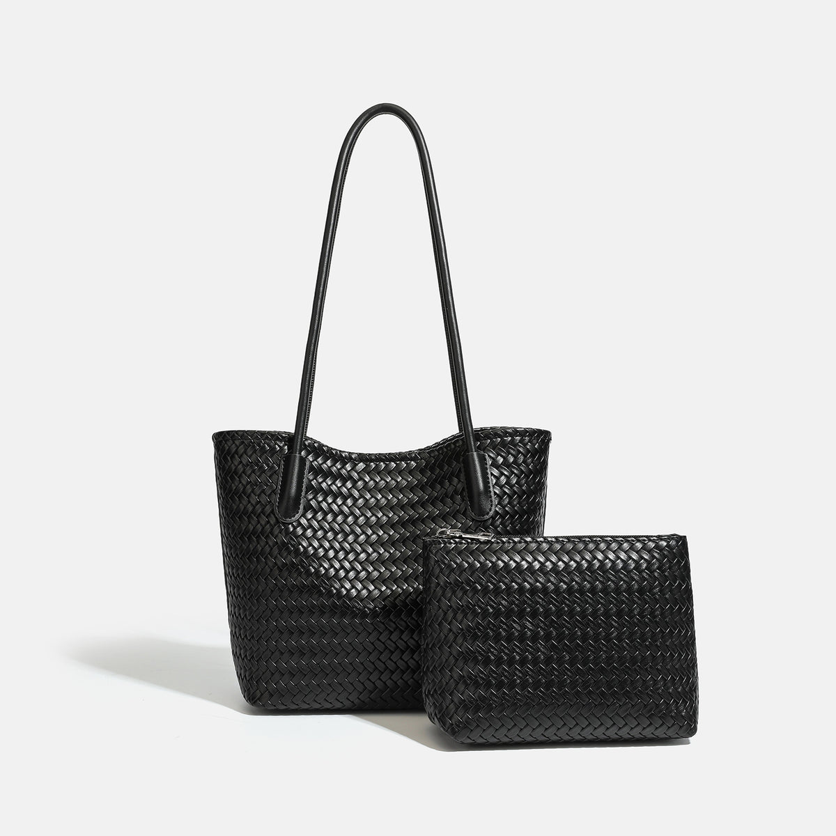 Structured woven leather-look tote bag with long shoulder straps and matching zippered pouch, detail view 11