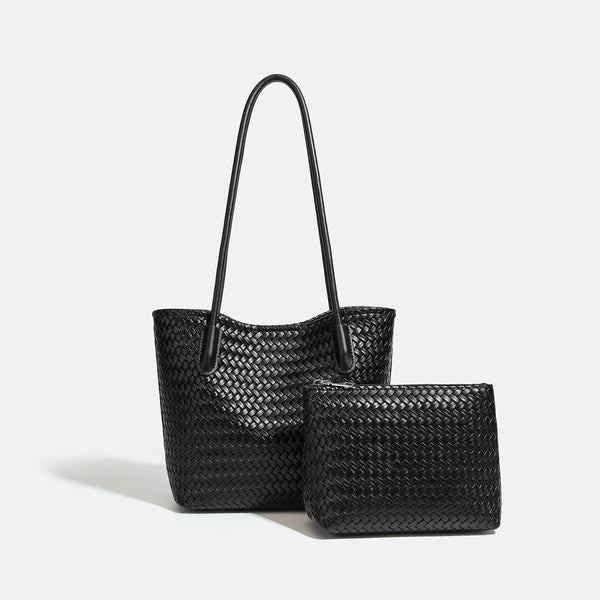 Structured woven leather-look tote bag with long shoulder straps and matching zippered pouch, detail view 11