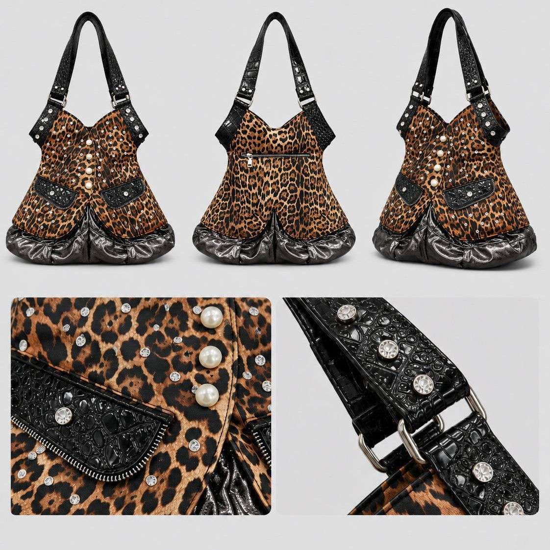 Corset-silhouette leopard-print shoulder bag with crystal and pearl-look stud hardware, front zip flap pockets, and, detail