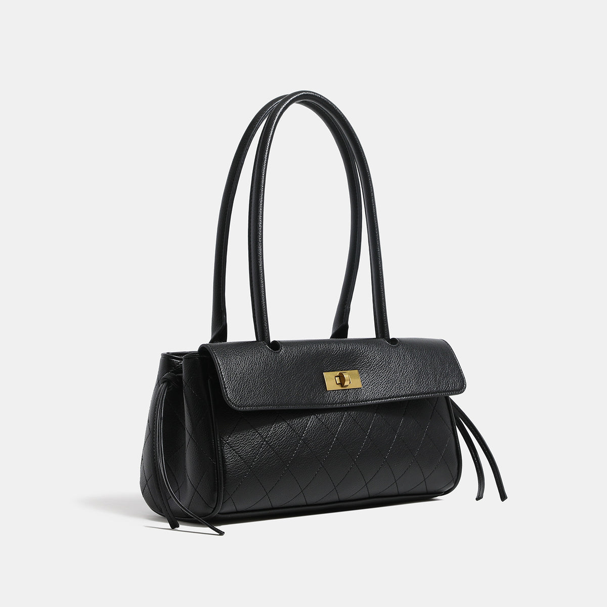 Structured quilted diamond-stitch baguette handbag with gold-tone turn-lock closure and dual top handles, detail view 3