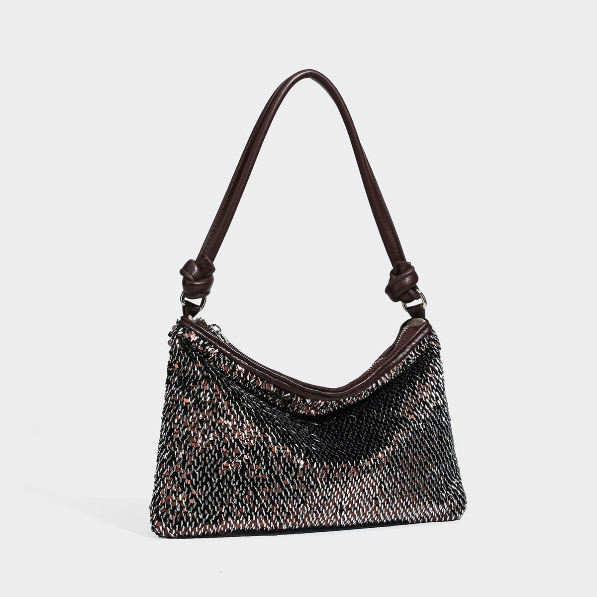 Small sequin hobo shoulder bag with knotted strap and zip closure, detail view 26