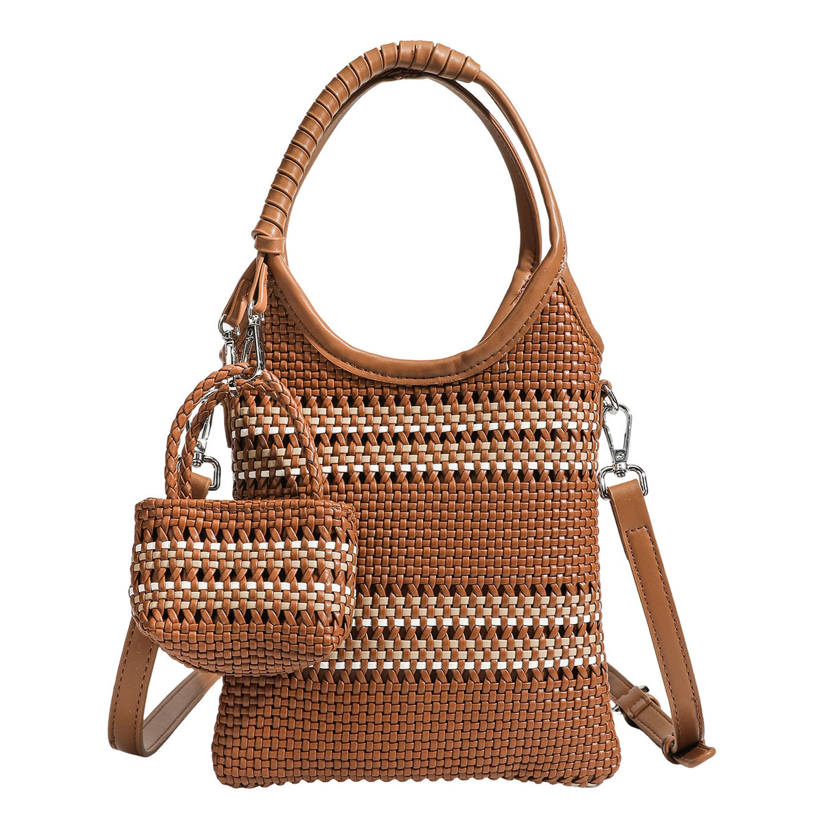 Brown two-tone woven leather-look shoulder bag with braided top handles, detachable mini pouch, and adjustable crossbody