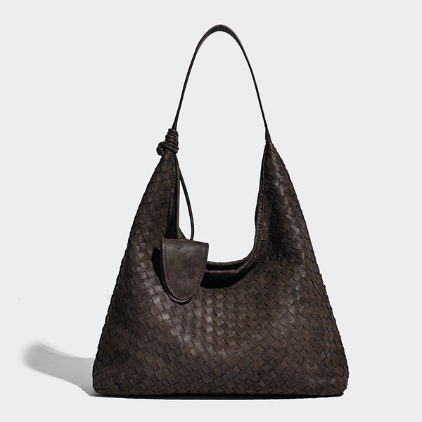 Slouchy woven hobo shoulder bag with knotted strap and matte leather-look textured finish, detail view 6