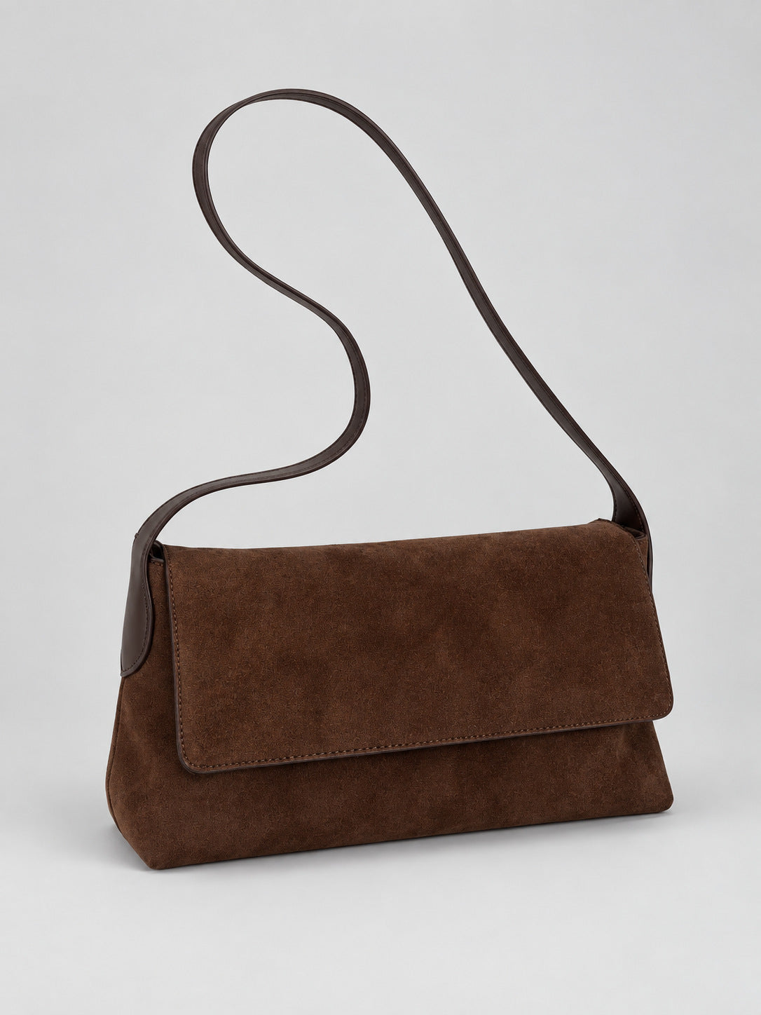 Rectangular matte suede-finish flap shoulder bag with slim dark strap and gold-tone turn-lock hardware, detail view 16