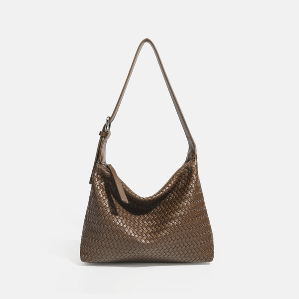 Kompakte Hobo-Schultertasche mit gewebter Optik, Reißverschluss oben, silberfarbenem Ringbeschlag und ineinander verflochtener Lederoptik, Detailansicht