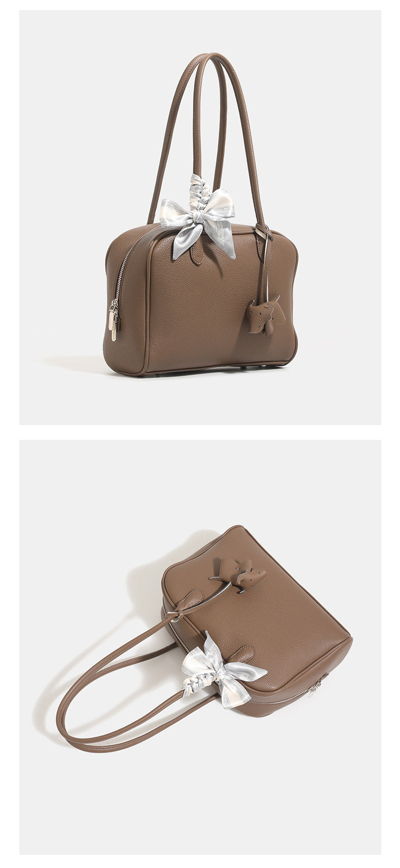 Strukturierte Boston-Tasche aus lederähnlichem Material mit genarbter Oberfläche, Seidenschal und Metallfüßchen, Detailansicht 11