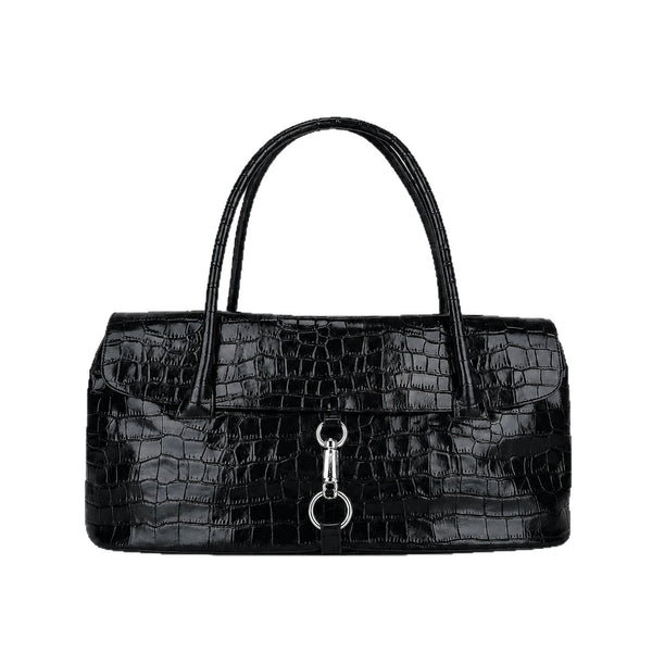 Glänzende, strukturierte Schultertasche mit Krokoprägung, Klappe, silberfarbenen Ring- und Knebelverschlüssen sowie zwei Henkeln an der Oberseite, Detailansicht 5
