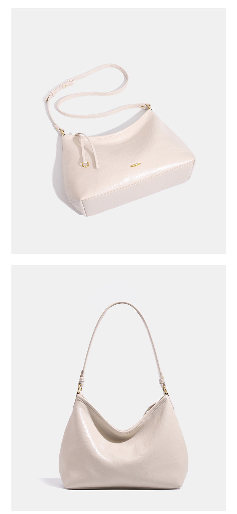 Large crinkled leather-look hobo shoulder bag with zip closure and gold-tone hardware, detail view 18