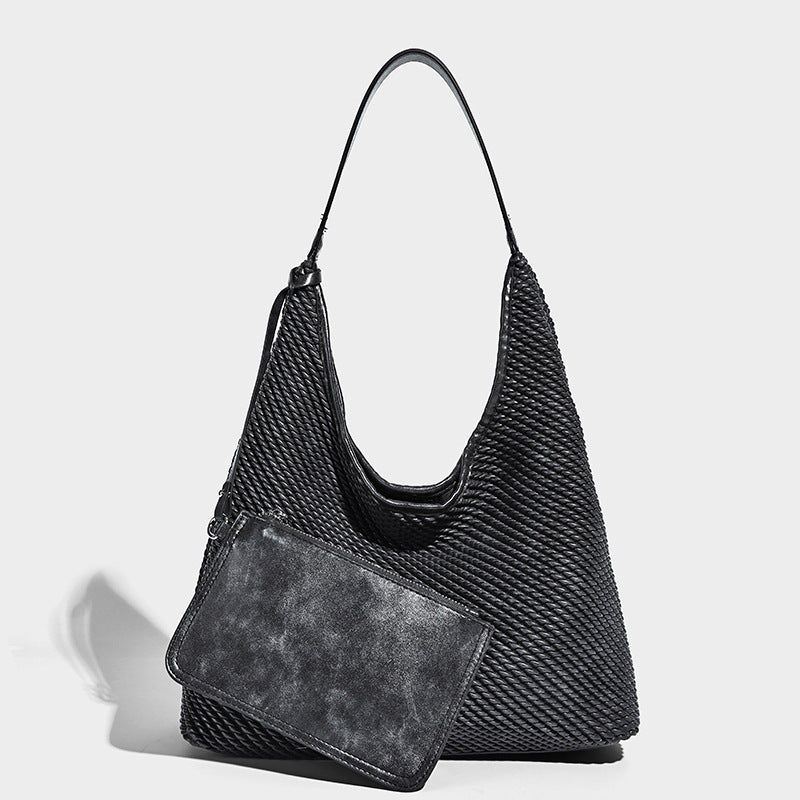 Lässige Hobo-Schultertasche im gewebten Look in Braun mit Besatz in Lederoptik und abnehmbarer Reißverschlusstasche auf der Vorderseite, Detailansicht 3