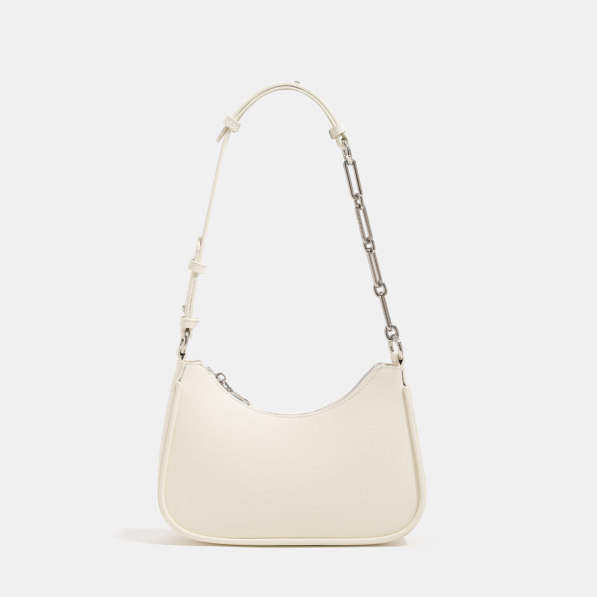 Compact crescent half-moon shoulder bag with chain-and-leather adjustable strap and silver-tone hardware, detail view 7