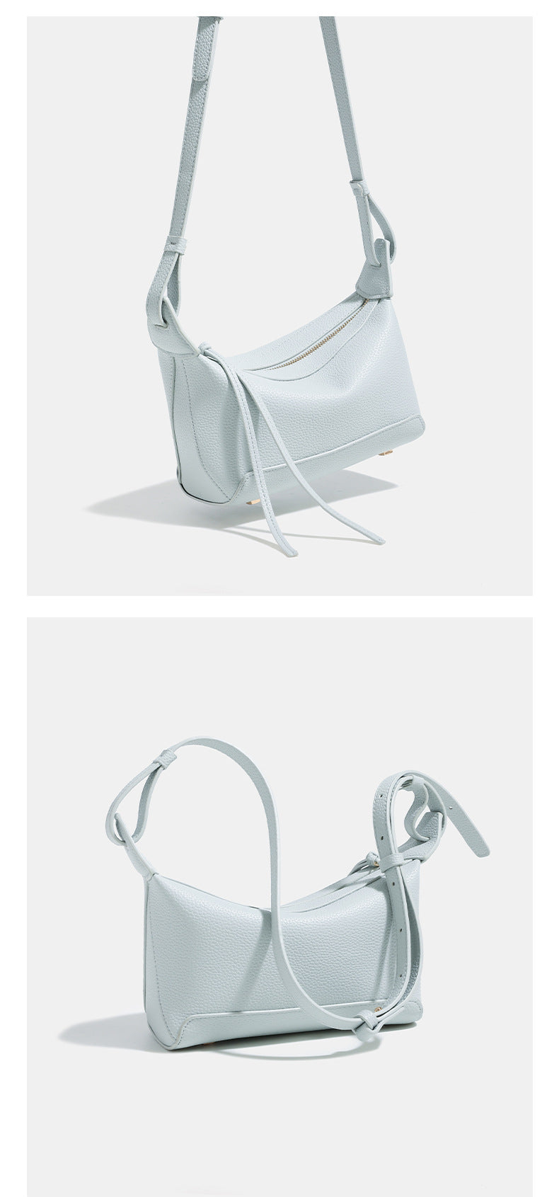 Small structured mini crossbody shoulder bag with pebbled texture, knotted adjustable strap, top zip closure, and gold-tone
