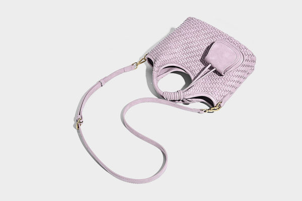 Woven texture tote bag with knotted top handles, attached front mini pouch, and gold-tone hardware, detail view 24