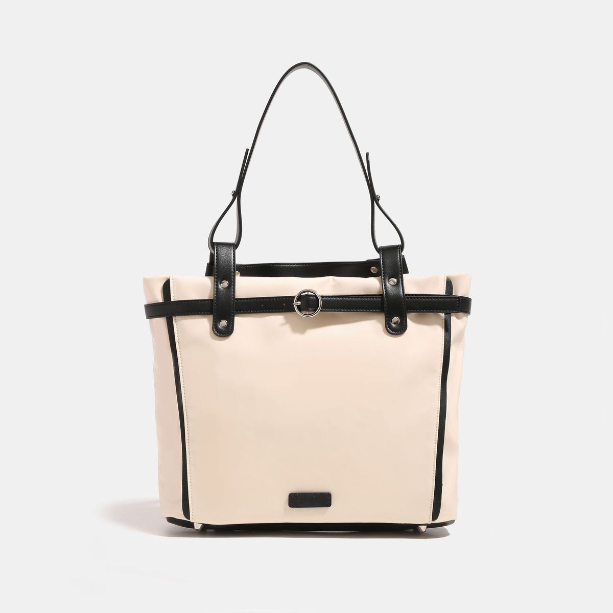Large cream nylon tote bag with leather-look belt straps and silver-tone hardware, detail view 3