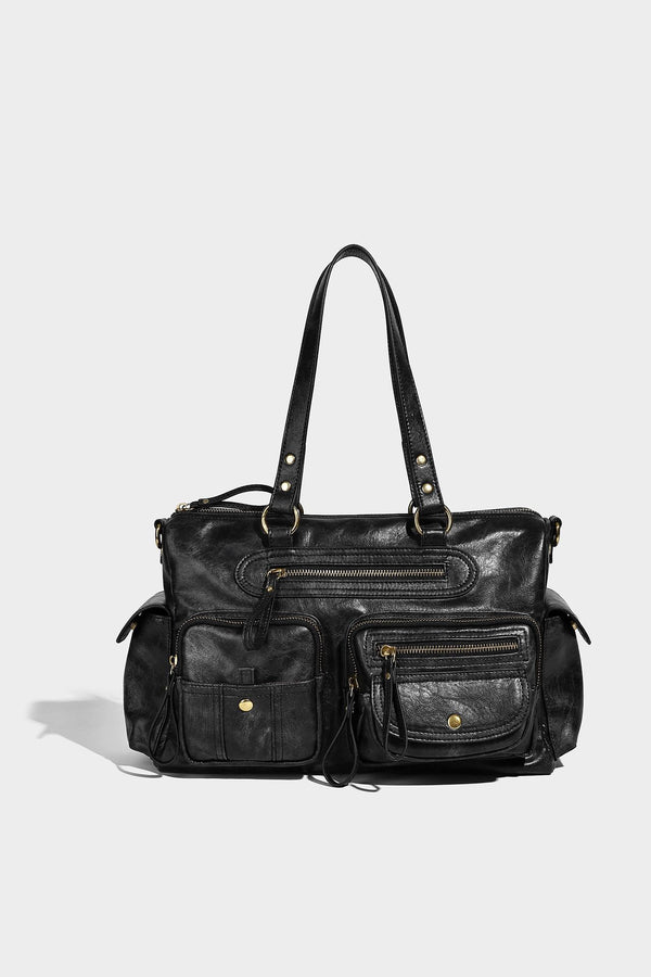 Distressed leather-look vintage satchel shoulder bag with multiple front zip pockets, dual top handles, and brass-tone