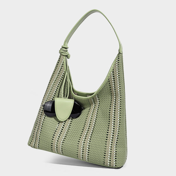 Woven striped slouch shoulder tote bag with knotted strap and attached front flap pouch, detail view 6