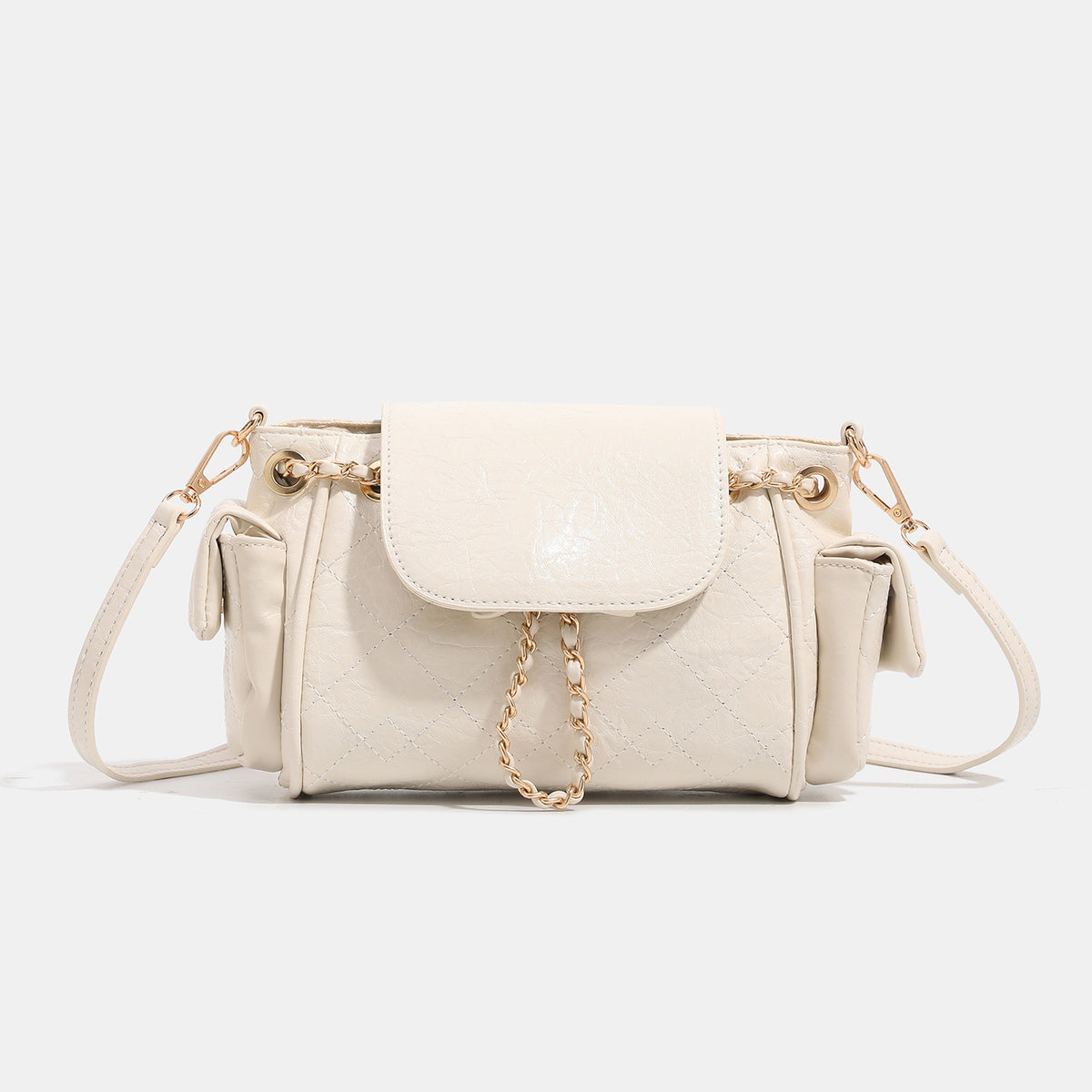 Small quilted leather-look flap bag with gold-tone chain strap and diamond stitch pattern, detail view 7