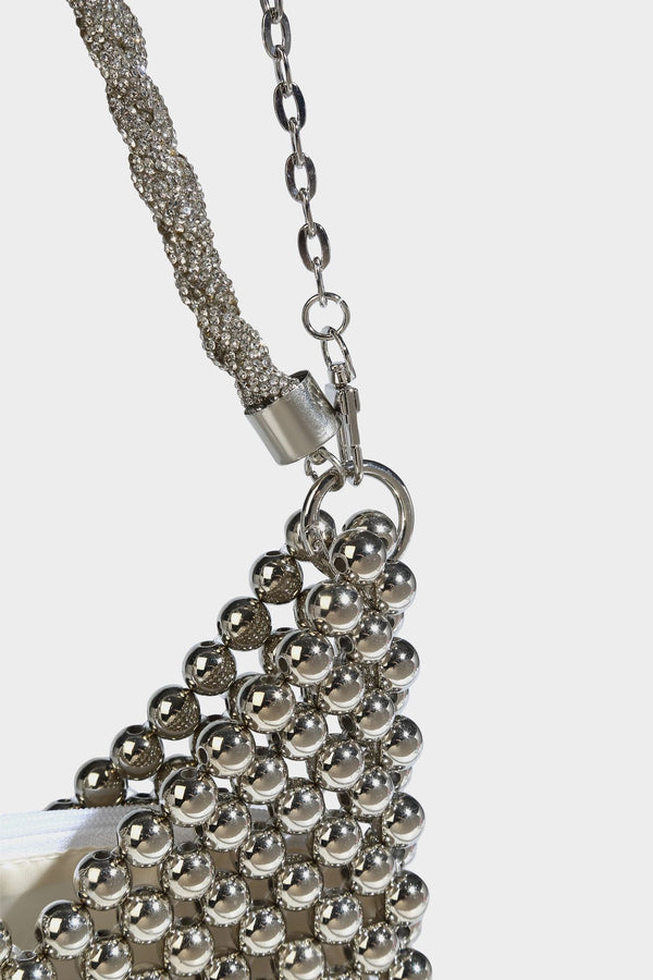 Small silver metallic beaded mini bag with braided rhinestone top handle and detachable chain crossbody strap, detail view 22