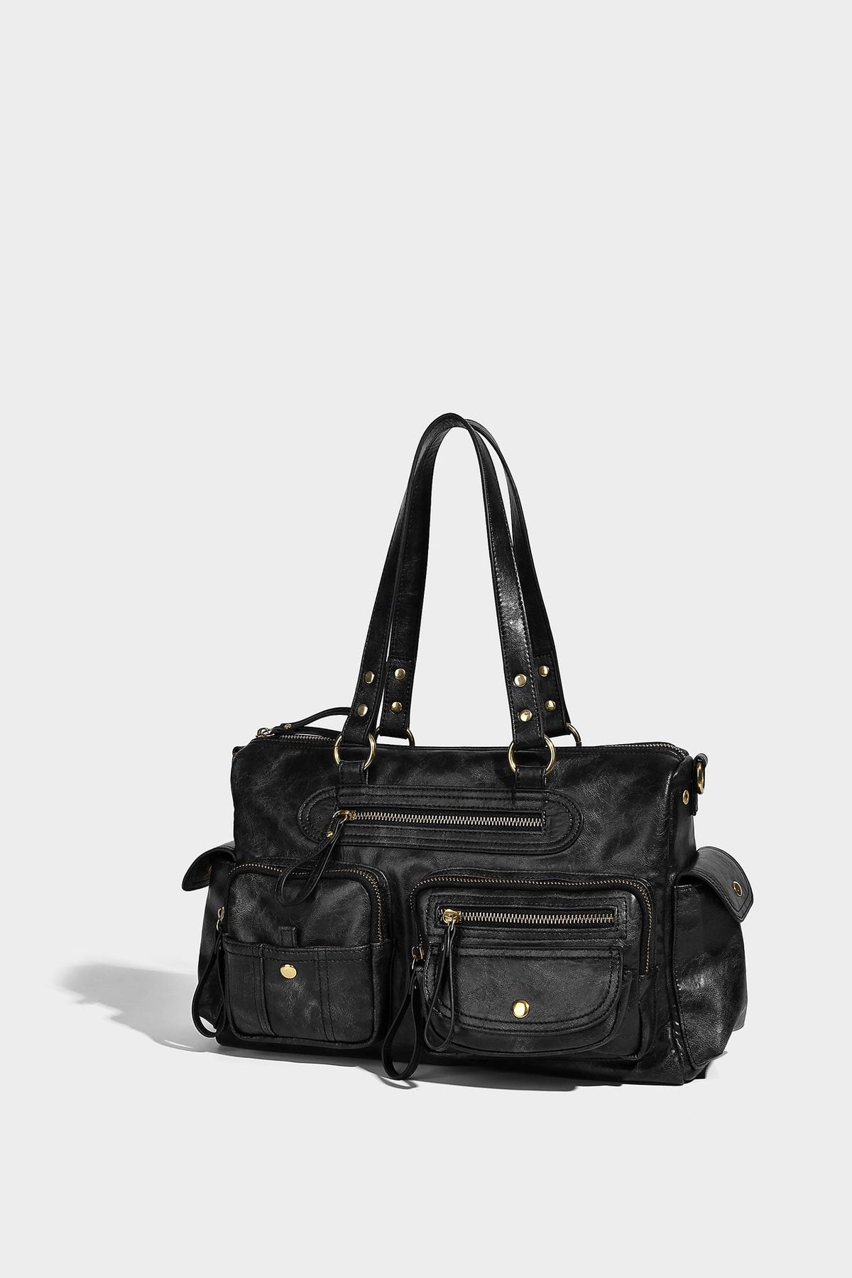 Distressed leather-look vintage satchel shoulder bag with multiple front zip pockets, dual top handles, and brass-tone