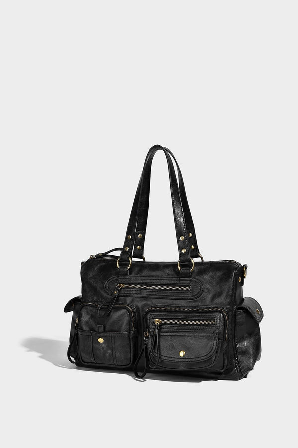 Distressed leather-look vintage satchel shoulder bag with multiple front zip pockets, dual top handles, and brass-tone