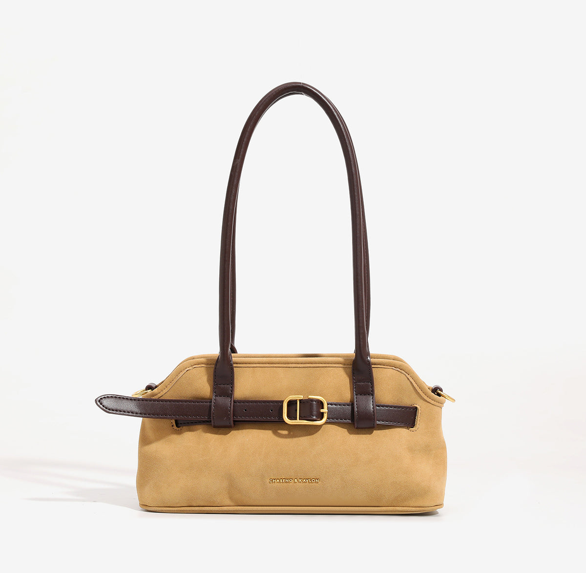 Structured baguette shoulder bag with belt-buckle front strap and dual long top handles, detail view 6