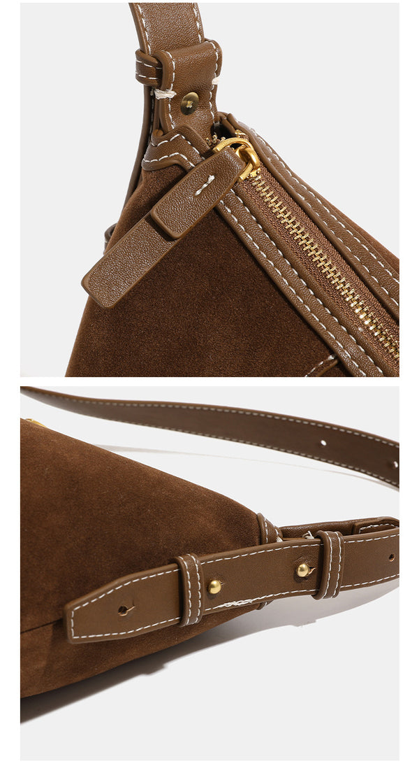 Hobo-Tasche in Tabakbraun mit Velourslederoptik, Besätzen in Kunstlederoptik, Kontrastnähten, goldfarbenen Beschlägen und verstellbarem Crossbody-Riemen