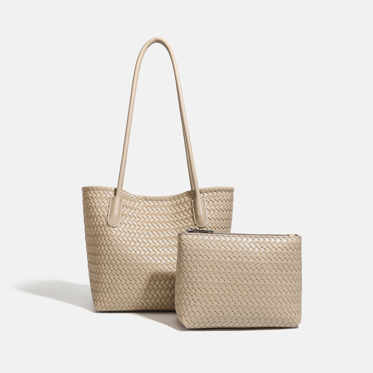 Structured woven leather-look tote bag with long shoulder straps and matching zippered pouch, detail view 7