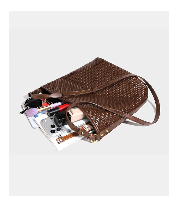 Woven-look slouchy hobo shoulder bag in brown with attached mini pouch and gold-tone hardware, detail view 26