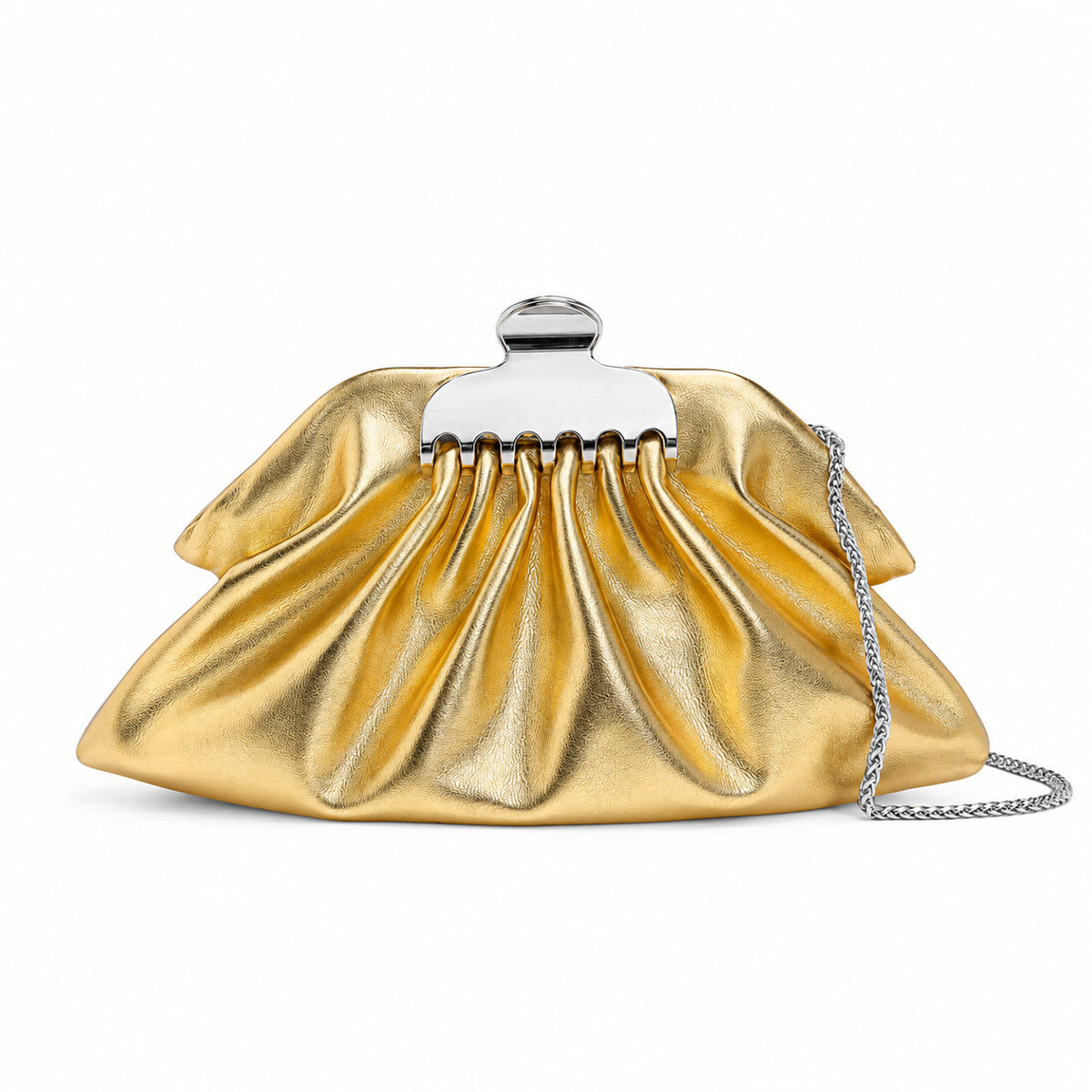 Gathered pouch clutch bag in metallic silver with polished silver-tone frame clasp and fine chain strap, detail view 13