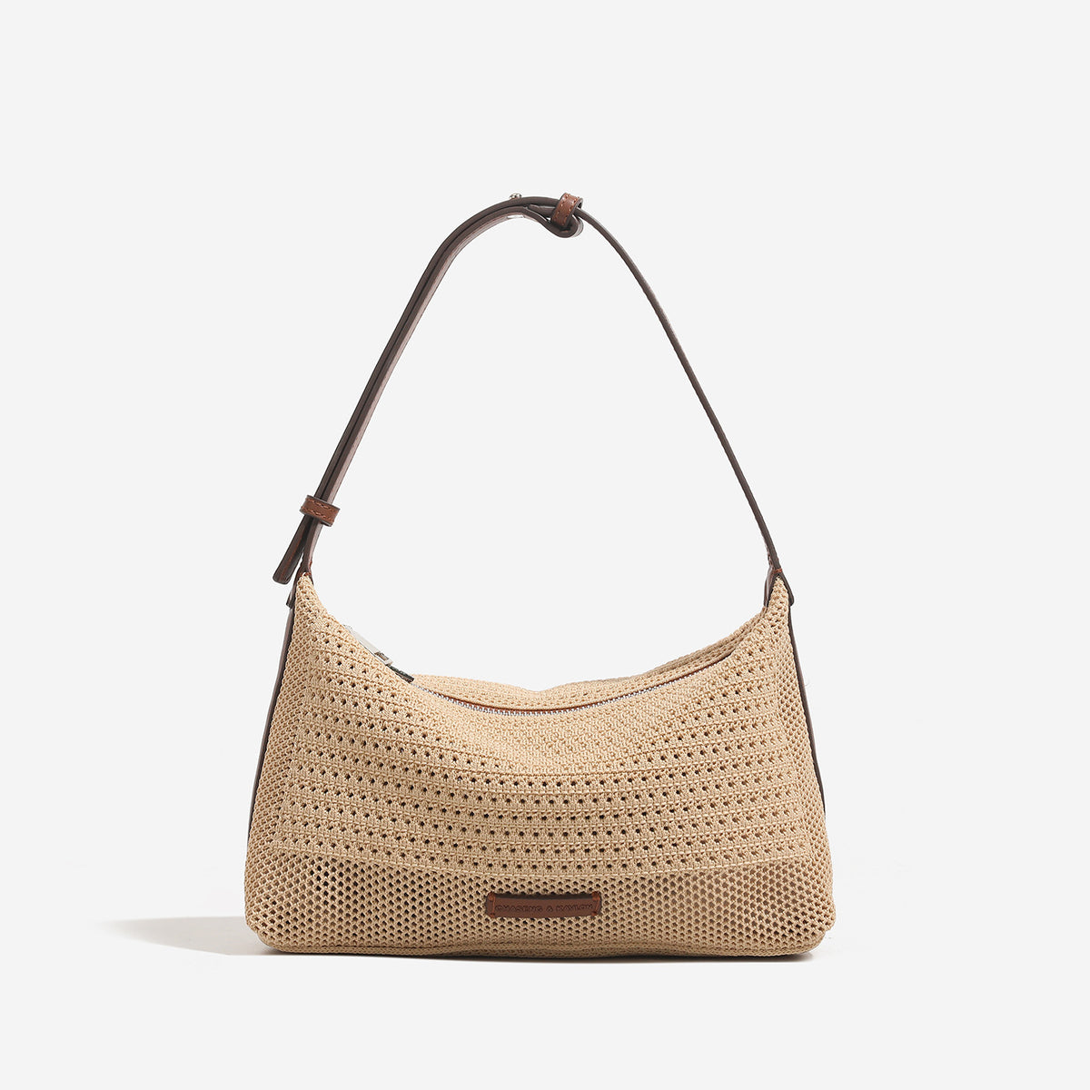 Woven crescent hobo shoulder bag with adjustable leather-look strap and top zip closure, detail view 7