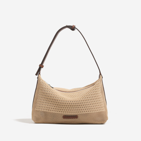 Woven crescent hobo shoulder bag with adjustable leather-look strap and top zip closure, detail view 7