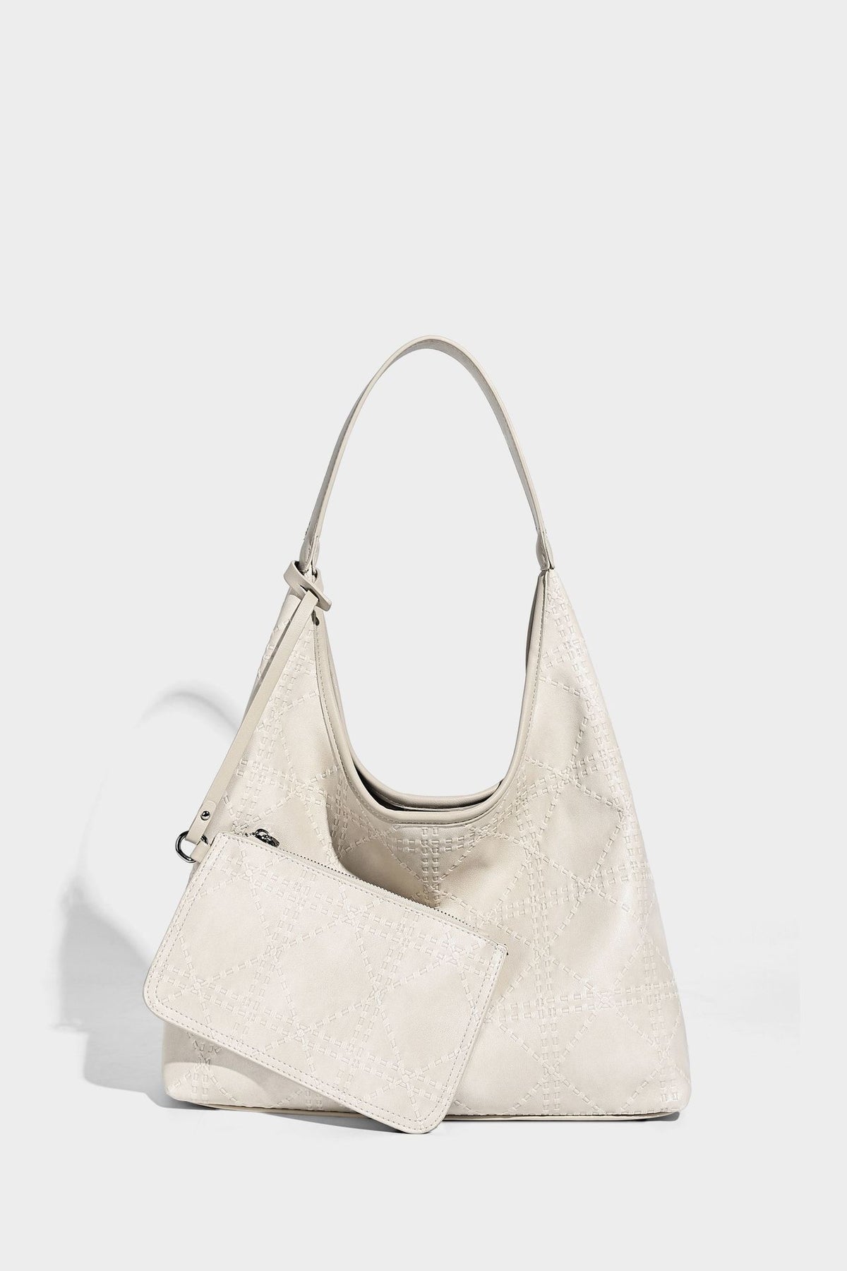Lässige Hobo-Schultertasche in Elfenbein mit geprägter Lederoptik, einem Schulterriemen und abnehmbarer Reißverschlusstasche mit