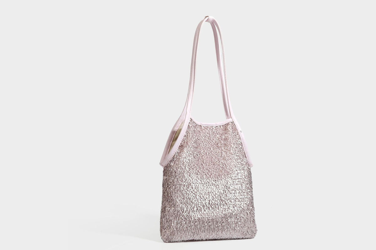 Kleine Schulter-Tote-Bag mit Pailletten, langem Metallic-Riemen und trapezförmiger Silhouette, Detailansicht 35