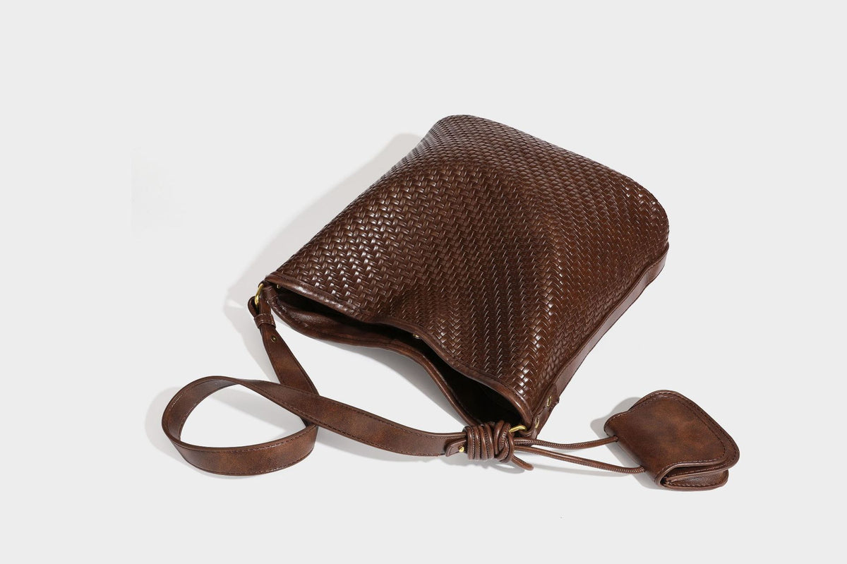 Woven-look slouchy hobo shoulder bag in brown with attached mini pouch and gold-tone hardware, detail view 35