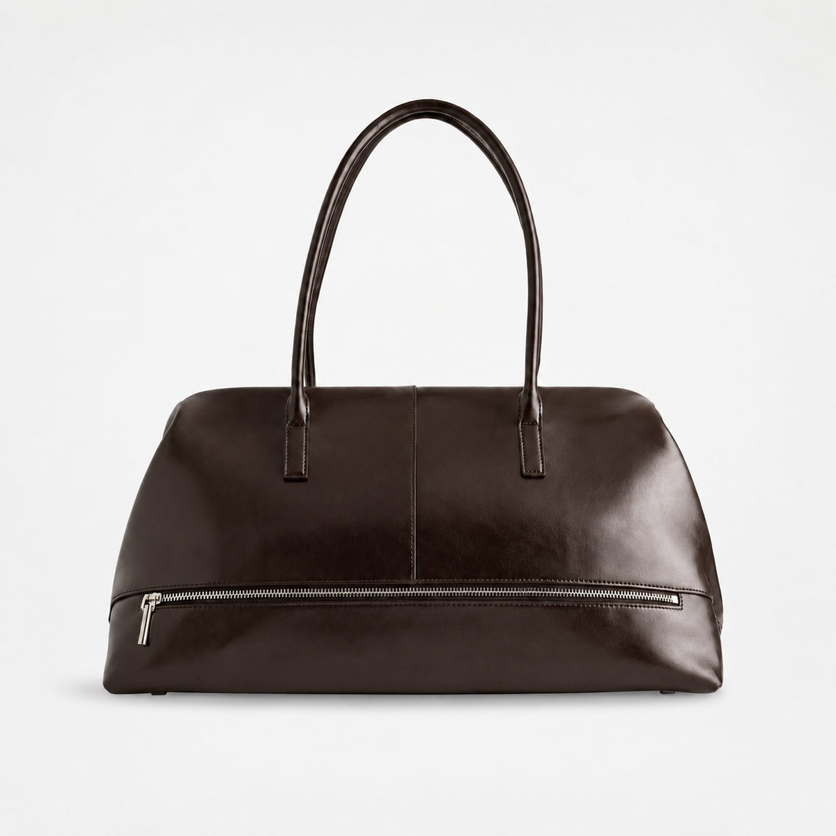 Large structured black Boston tote bag with double shoulder handles and full-length front zipper compartment, detail view 7