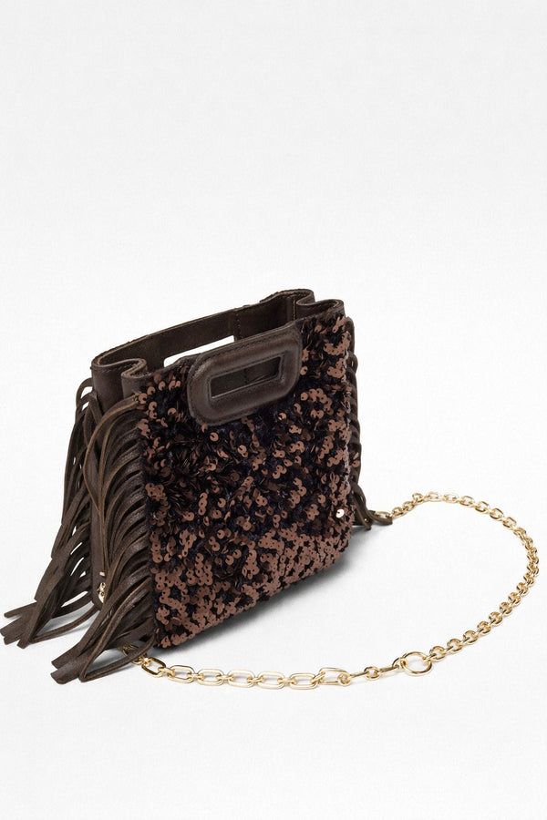 Small structured dark brown sequin handbag with leather-look fringe side trim and top cutout handle, detail view 13