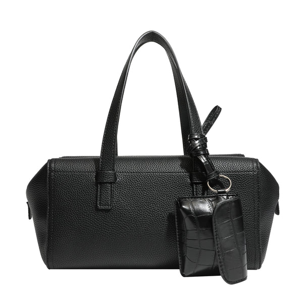 Structured pebbled leather-look top-zip barrel bag with dual handles, detachable shoulder strap, and attached croc-pattern