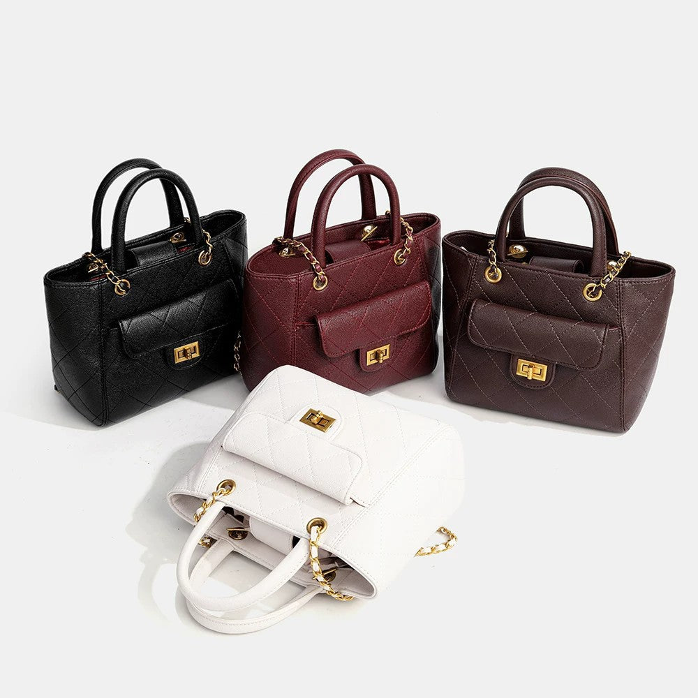 Diamond-quilted leather-look shoulder tote bag with gold-tone chain strap and dual top handles, detail view 2