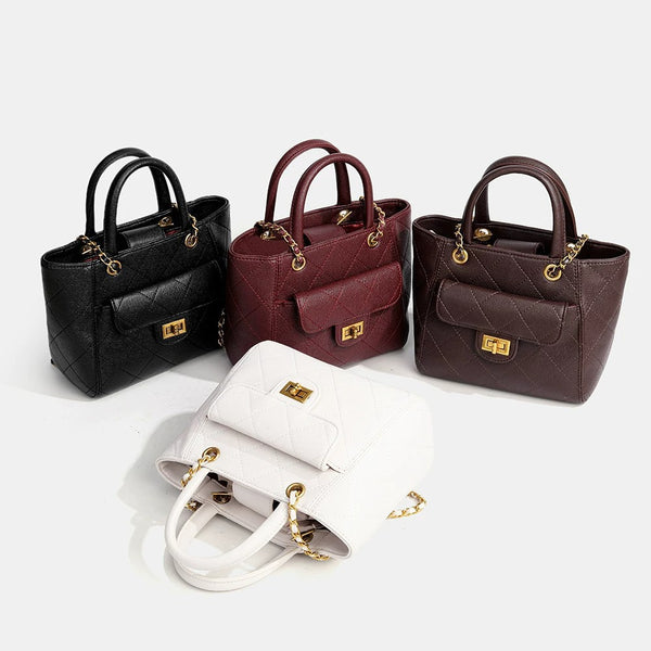Diamond-quilted leather-look shoulder tote bag with gold-tone chain strap and dual top handles, detail view 2
