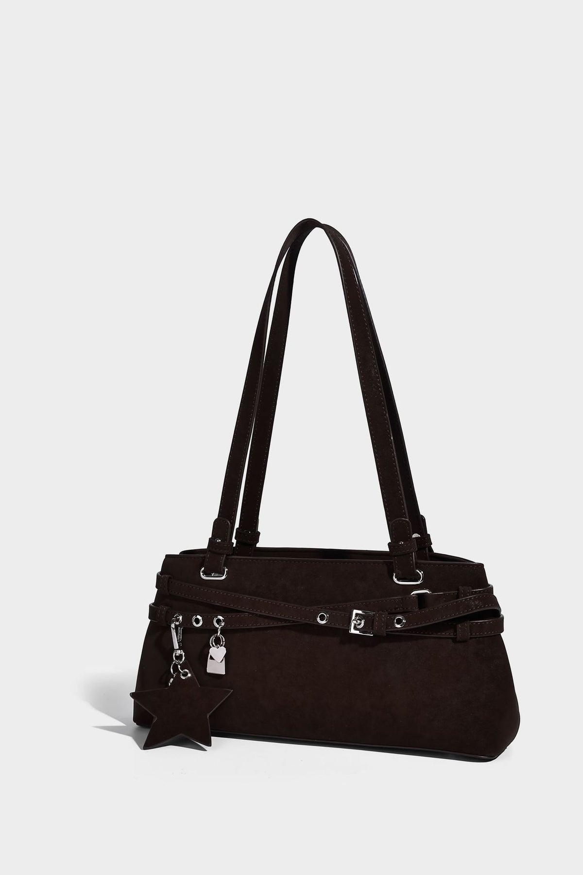 Structured trapezoid shoulder tote in dark brown matte suede-look finish with dual straps, wraparound belt bands