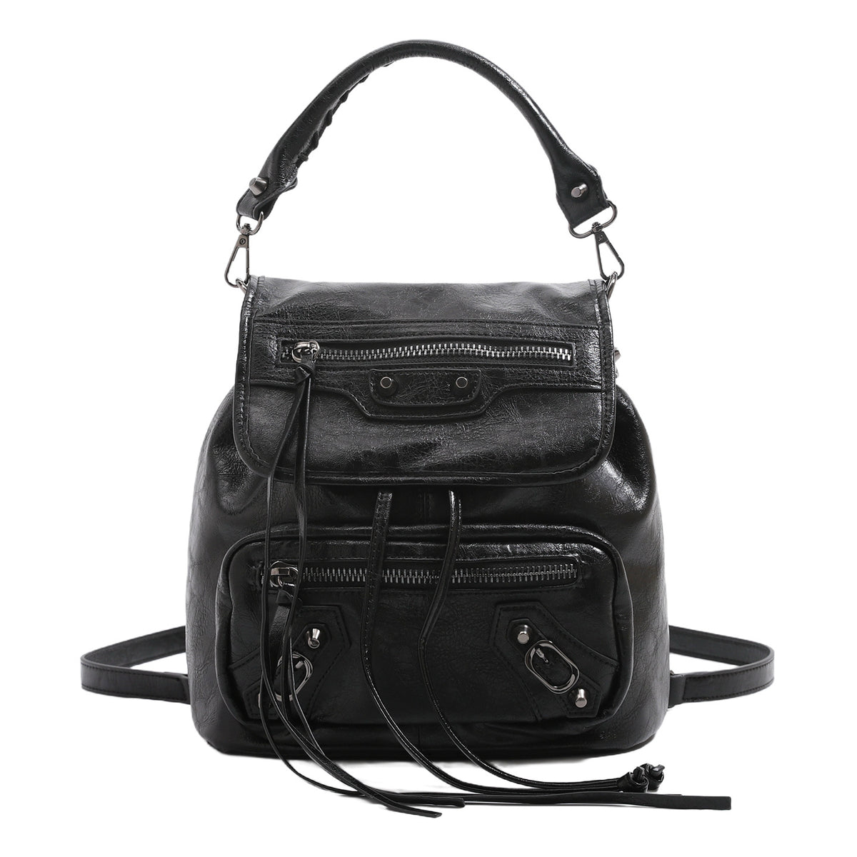Kompakter Retro-Moto-Rucksack in Handtaschenform mit silberfarbenen Nieten, Reißverschlussfach auf der Vorderseite und Quasten an den Kordelzügen, Detailansicht 5