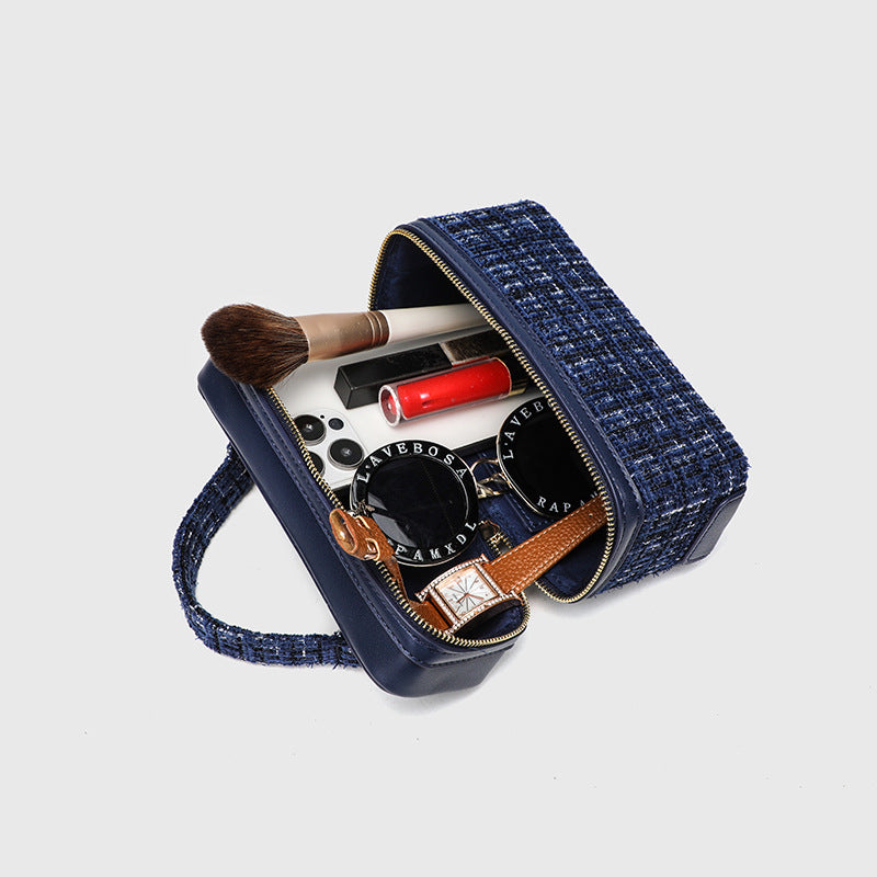 Structured navy tweed and leather-look box mini handbag with gold-tone zipper, braided top handle, and dual detachable