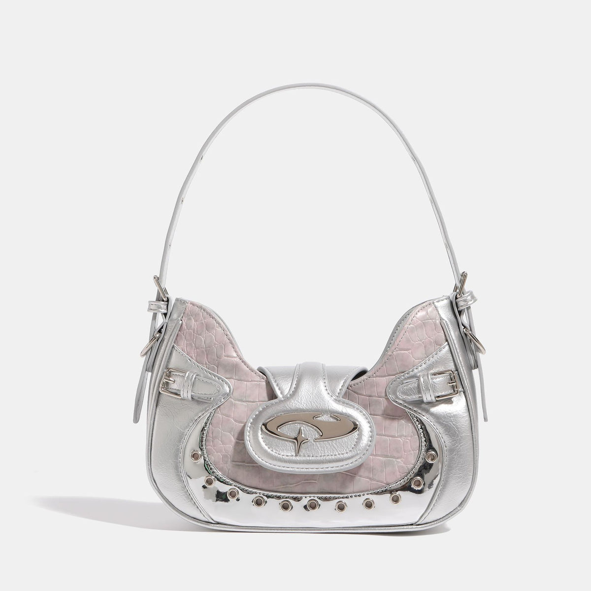 Croc-embossed leather-look shoulder bag with metallic stud trim and four-point star turn-lock hardware, detail view 7