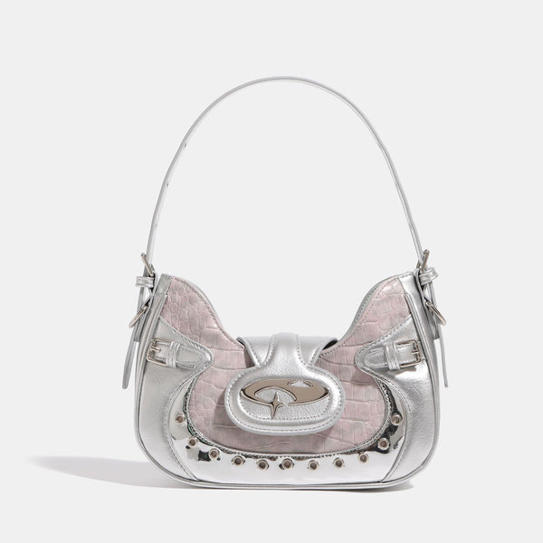 Croc-embossed leather-look shoulder bag with metallic stud trim and four-point star turn-lock hardware, detail view 7