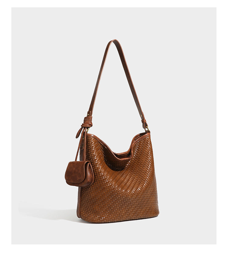 Woven-look slouchy hobo shoulder bag in brown with attached mini pouch and gold-tone hardware, detail view 20