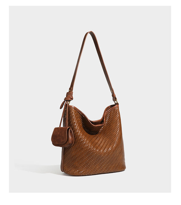 Woven-look slouchy hobo shoulder bag in brown with attached mini pouch and gold-tone hardware, detail view 20
