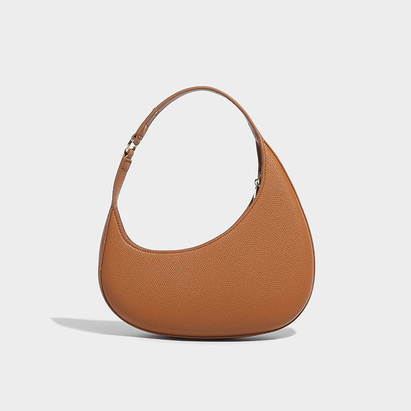 Halbmondförmige Hobo-Schultertasche in genarbter Lederoptik mit schmalem Riemen und goldfarbenen Reißverschlussdetails, Detailansicht 7