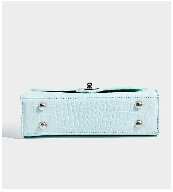 Mini croc-embossed glossy structured handbag with silver-tone turn-lock clasp and short top handle, detail view 14